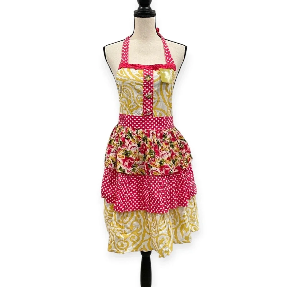 Pier 1 Imports Pink Yellow Bouquet Button Pinafore Apron Polk Dot Tiered Cotton